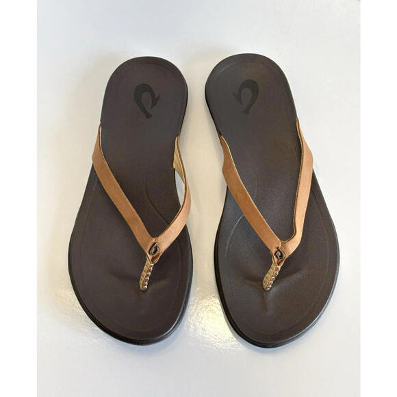 Olukai Ho'opio Flip Flops Women's 6/36 Brown Leather Thong Sandals Slip On Flats - Picture 3 of 15